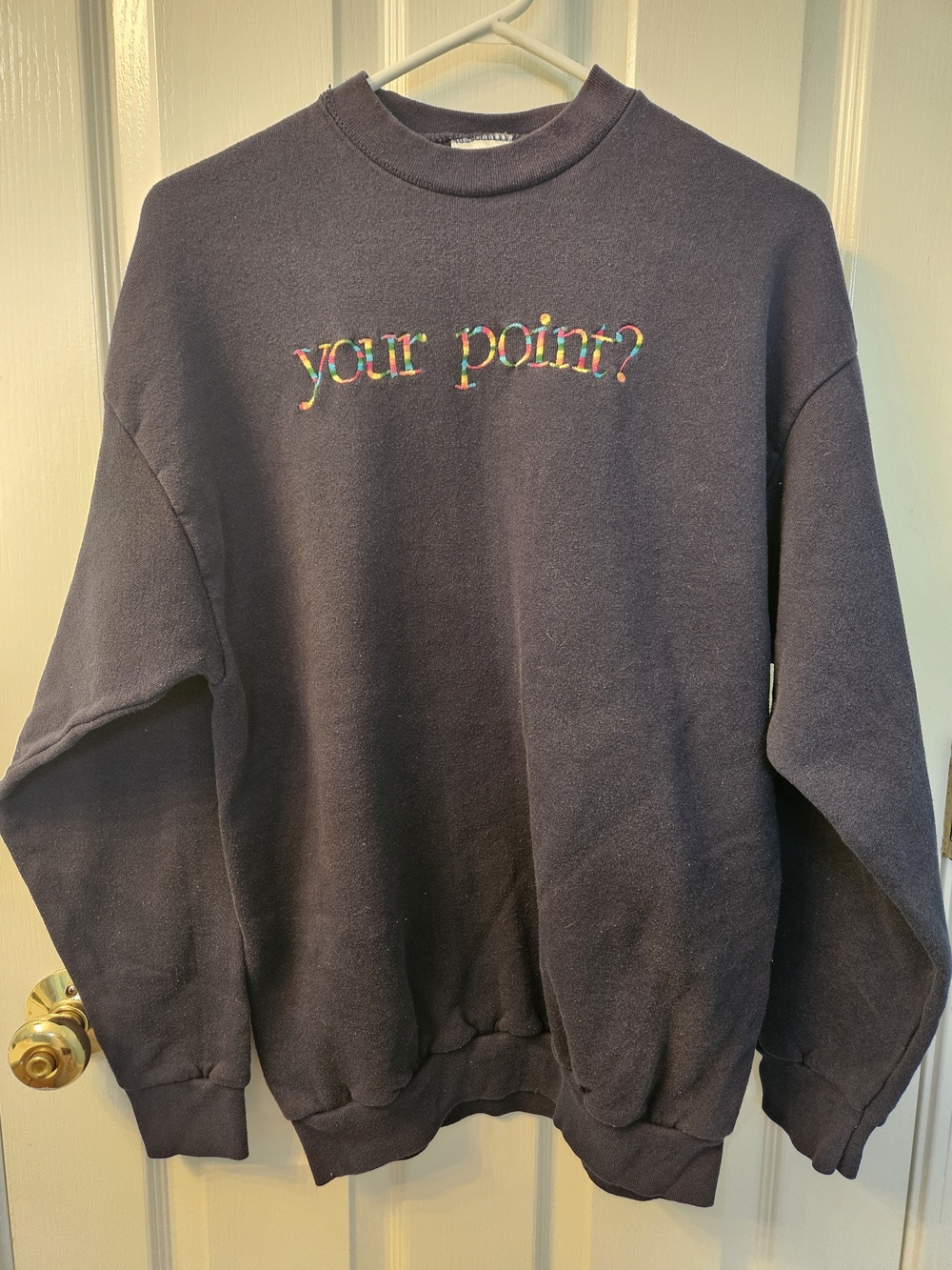 🎉 2 Items/$15 🎉 Navy Crewneck Sweater with Multicolor "your point?" Embroidery